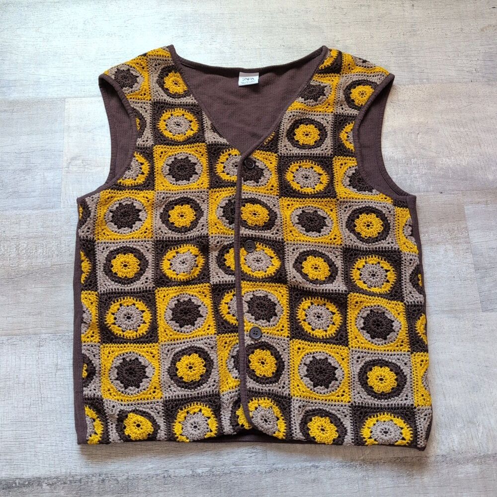 ZARA  Woman's Hippie Granny Square Crochet Vest Brown Button Up